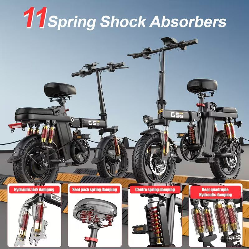 740W Electric Bike For Adults, 20MPH Full Shock Absorption Comfortable Riding, 48V10AH/15Ah, 10-35Miles Folding Ebike, 14'' Tubeless Off-road Tire, City Commuter Battery Optional