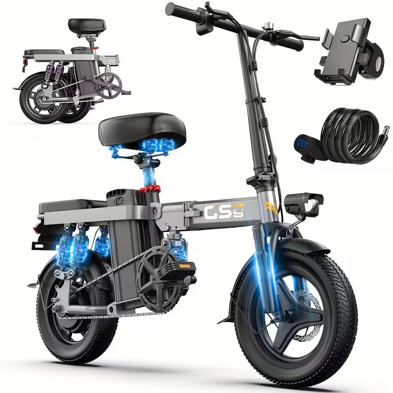 740W Electric Bike For Adults, 20MPH Full Shock Absorption Comfortable Riding, 48V10AH/15Ah, 10-35Miles Folding Ebike, 14'' Tubeless Off-road Tire, City Commuter Battery Optional
