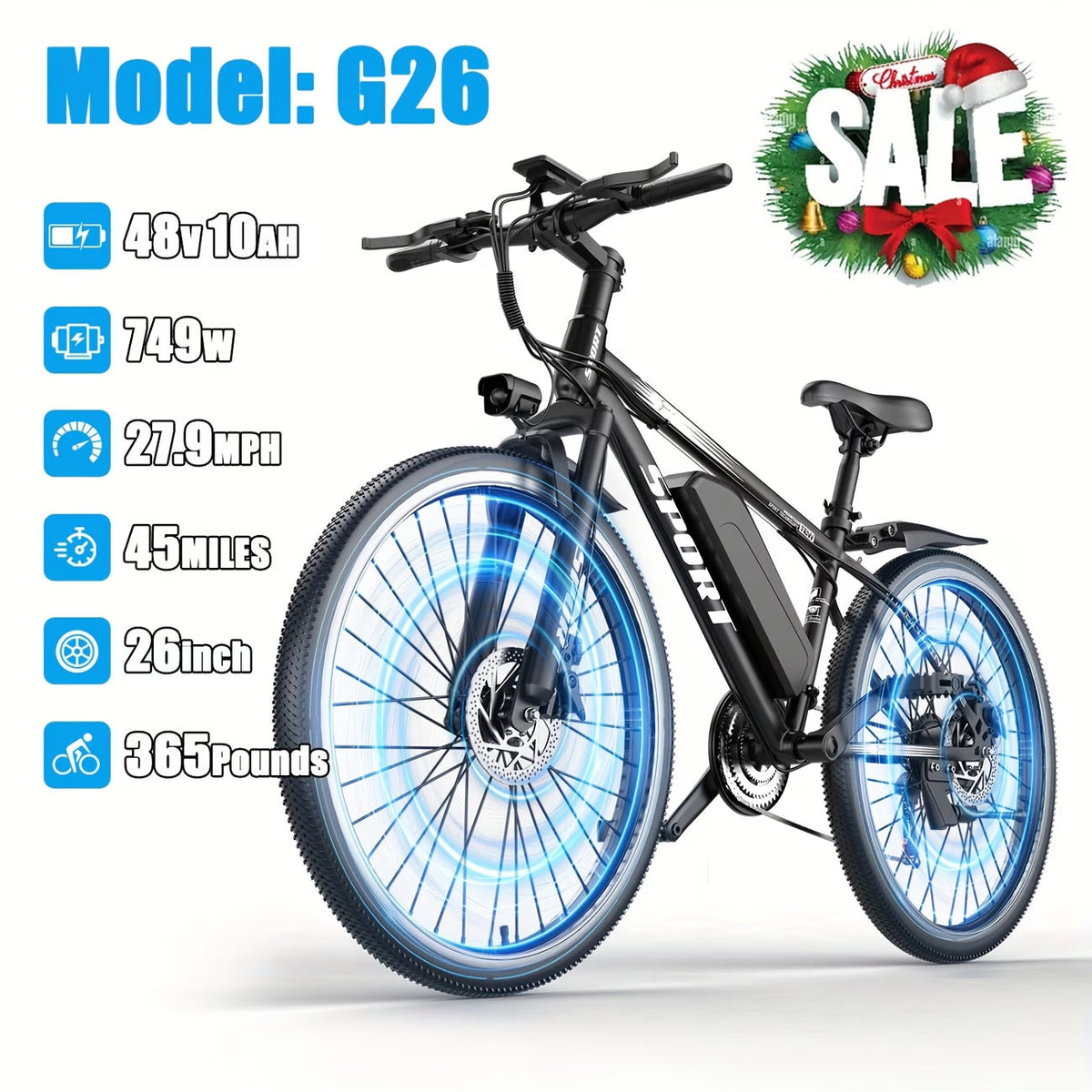 Electric Bike for Adults, 749W Peak Mountain Ebike with 27.9 MPH, 45 Miles Range, 7 Speeds, 48V 10Ah Removable Battery Ebike, 26" Electric Bicycle for Commute