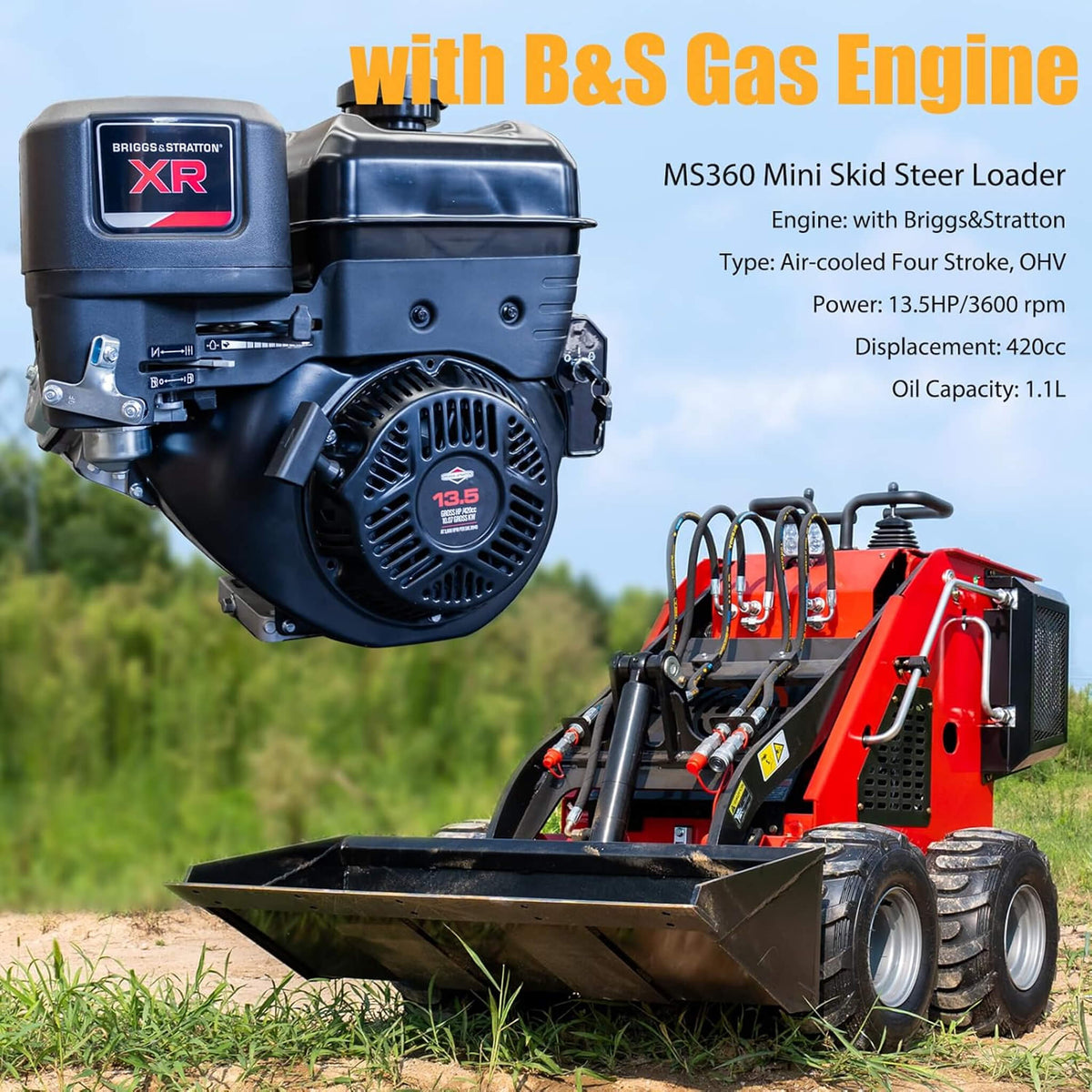 Heavy-Duty 13.5HP Mini Gas Skid Steer Loader With Wide Bucket (SAK69105)